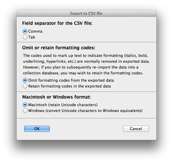 Export to CSV dialog